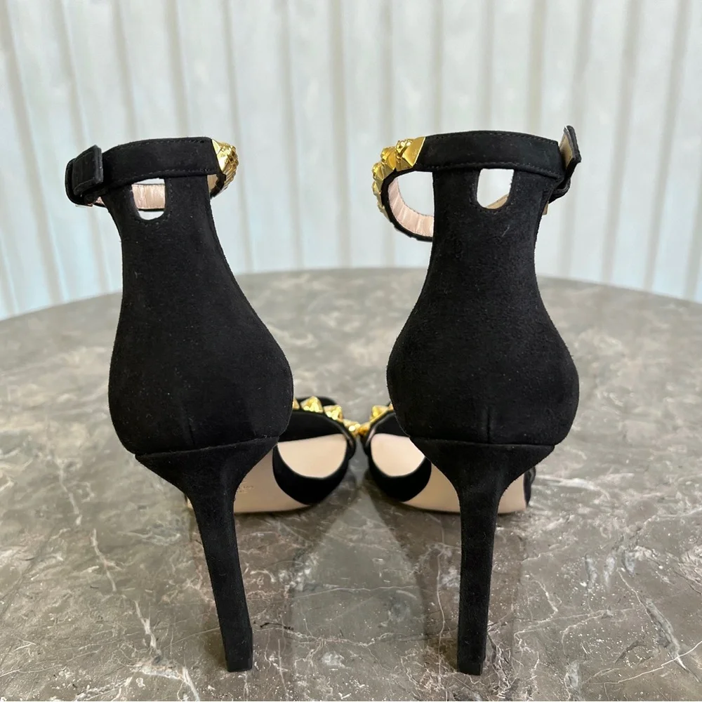 NEW Stuart Weitzman The Rosist Black Suede and Gold Studded Sandal Heels